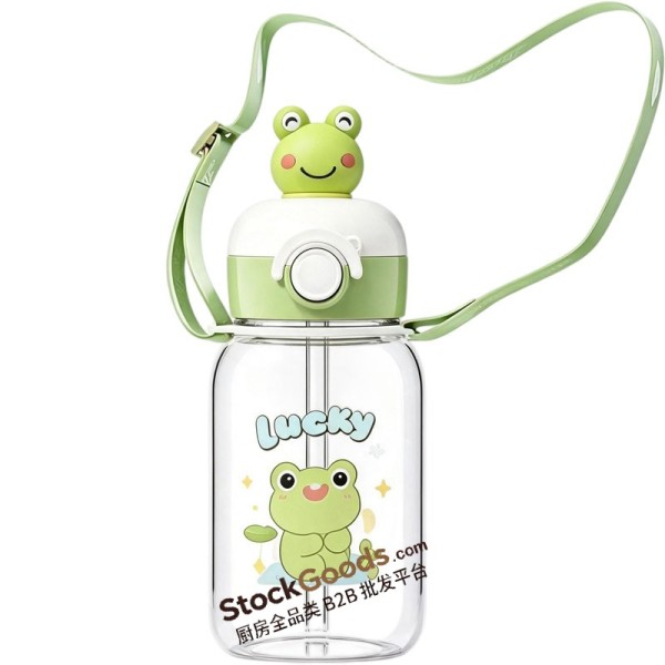 Green Frog Cartoon Kids Straw Water Bottle 600ml With Shoulder Strap